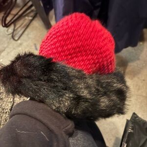 Red Knit Beanie with Black Faux Fur Trim